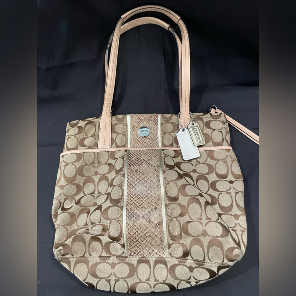 Coach Tan Signature Tote with Leather Accents